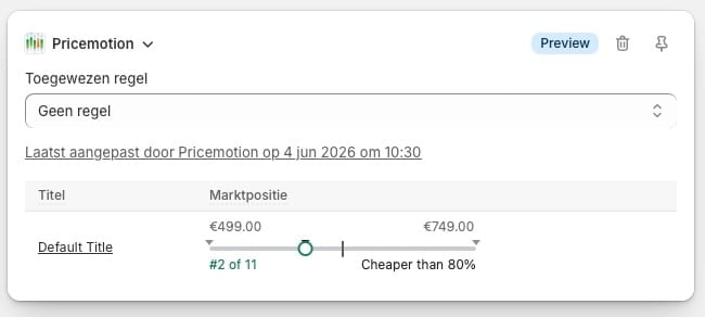 Pricemotion price comparison interface showing product price at €499.00 marked as cheaper than 80% of competitors at €749.00